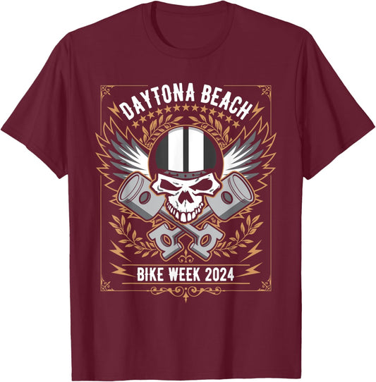 Daytona Beach Bike Week 2024 Retro Motorcycle Skull Design Men Women T-Shirt - T-Shirt | Maroon