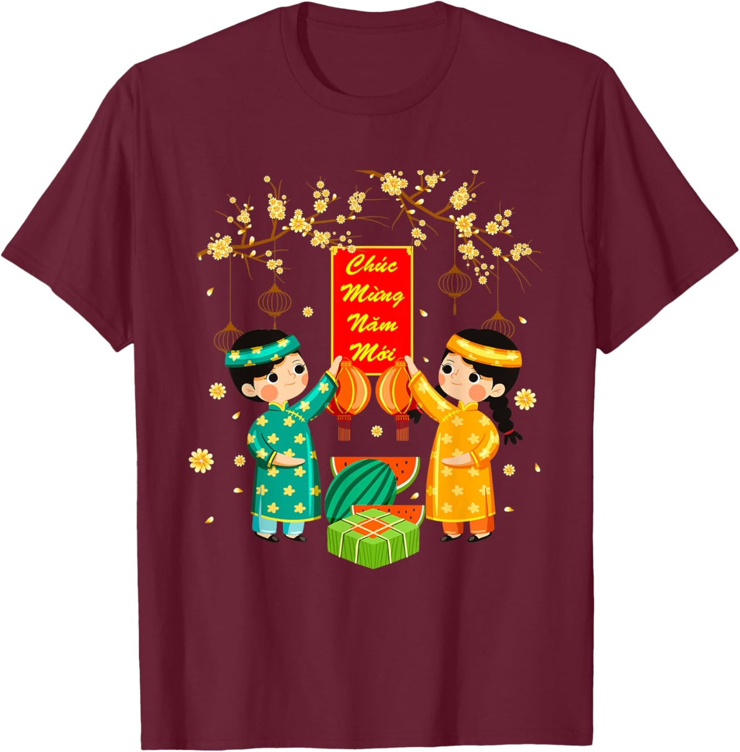 Ao Dai Boy Girl Chuc Mung Nam Moi Vietnamese New Year Kids T-Shirt - T-Shirt | Maroon