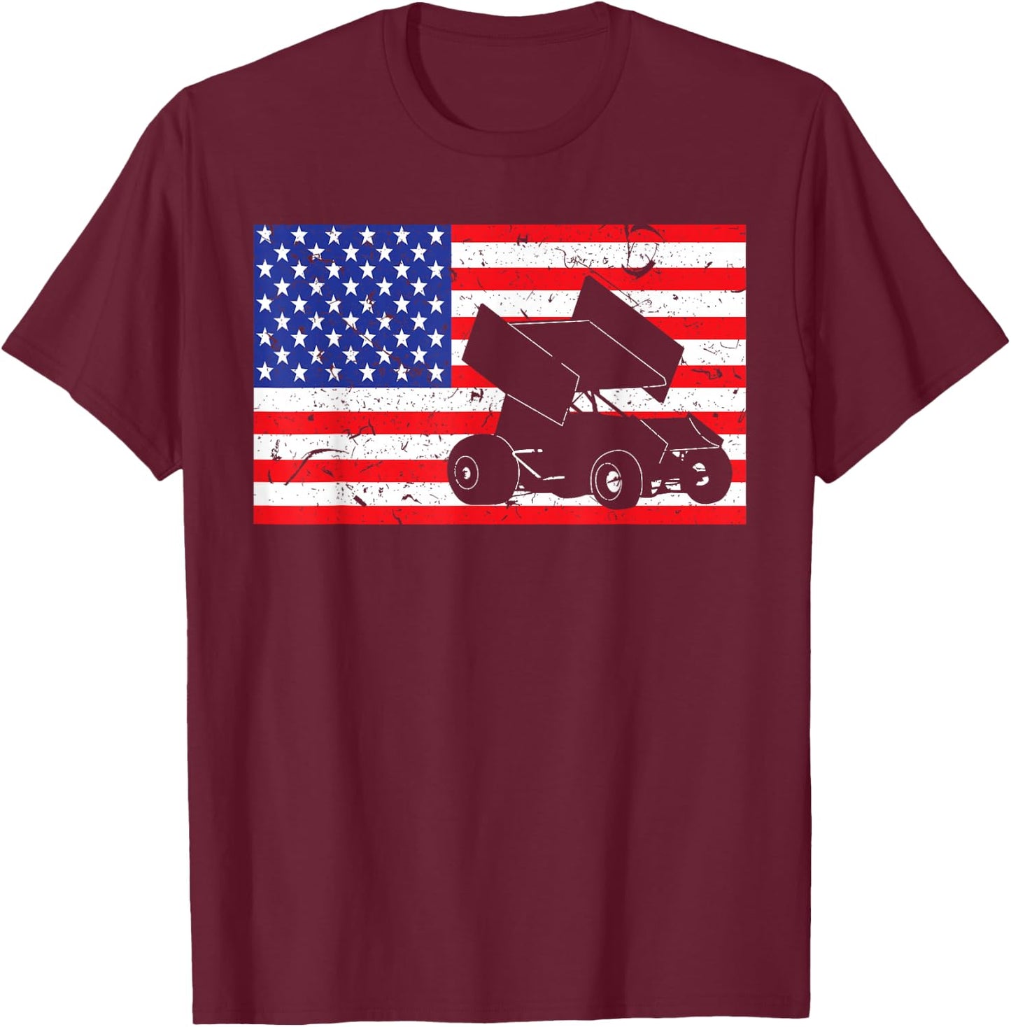 Distressed Sprint Car Racing USA American Flag Vintage Rider Girls Kids Men T-Shirt - T-Shirt | Maroon