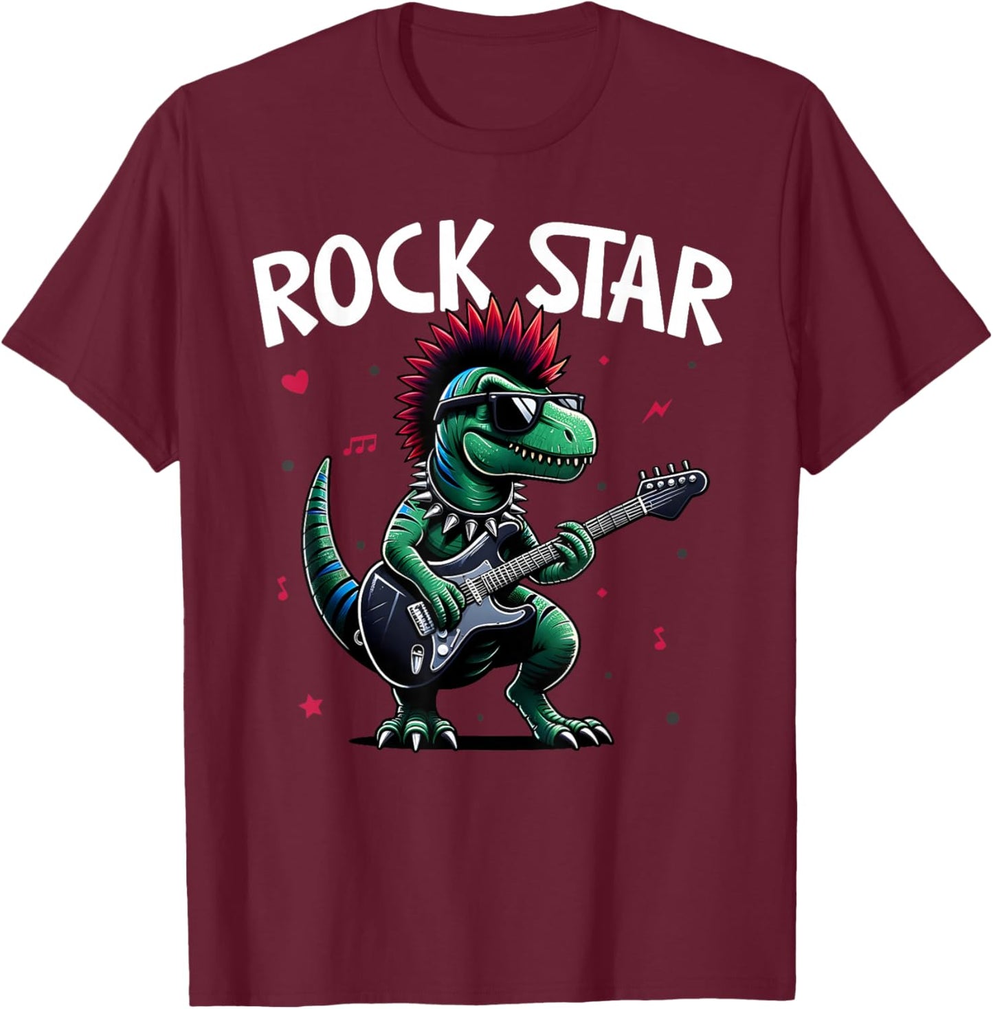 Rock Star Cute Punk Dinosaur, Goth Dino, Guitar Band Funny T-Shirt - T-Shirt | Maroon