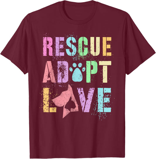 Vintage RESCUE ADOPT LOVE Animal Shelter K9 Search Adoption T-Shirt - T-Shirt | Maroon