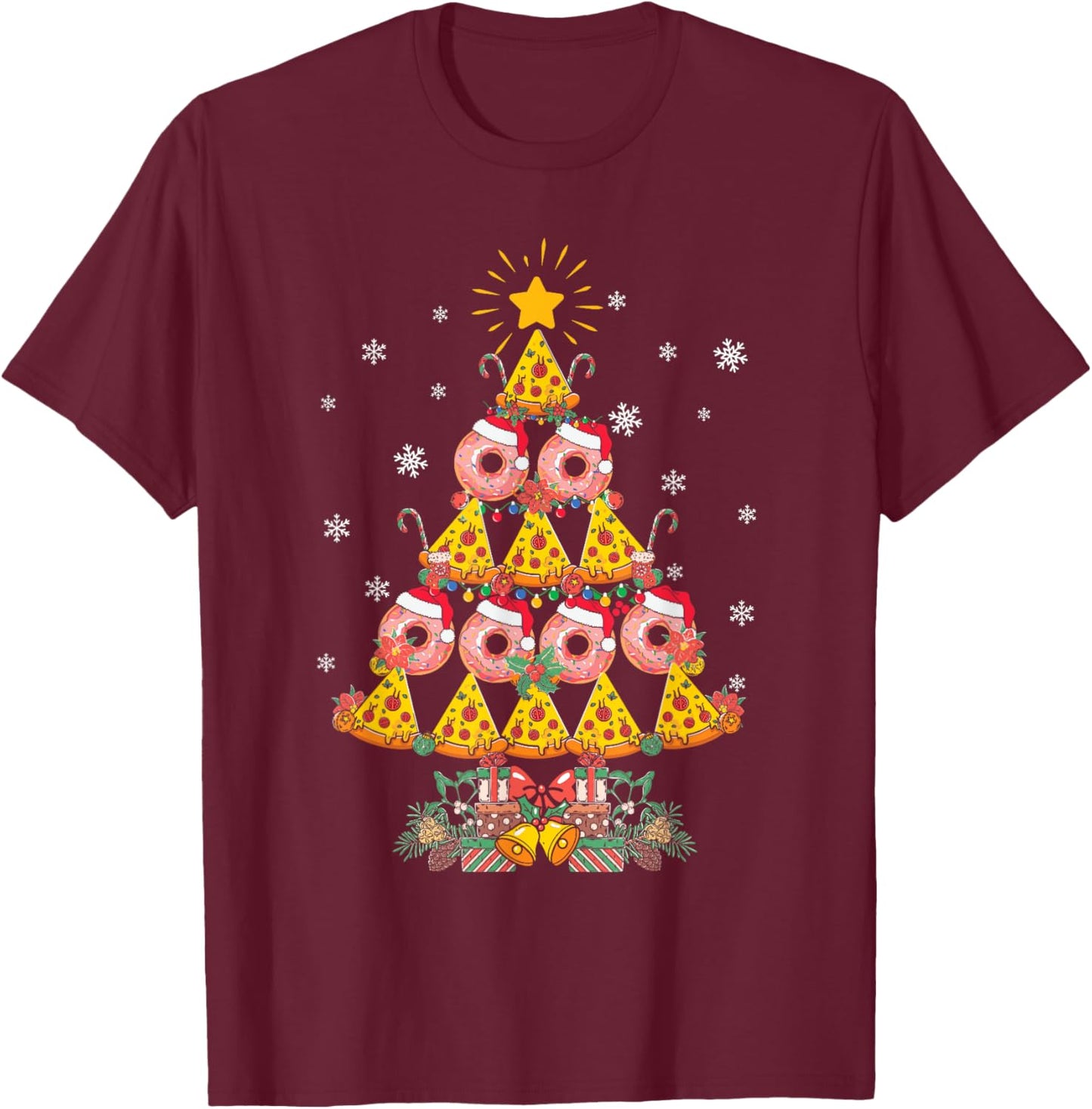 Pizza & Donut Funny Christmas Tree Merry Xmas Crustmas light T-Shirt - T-Shirt | Maroon