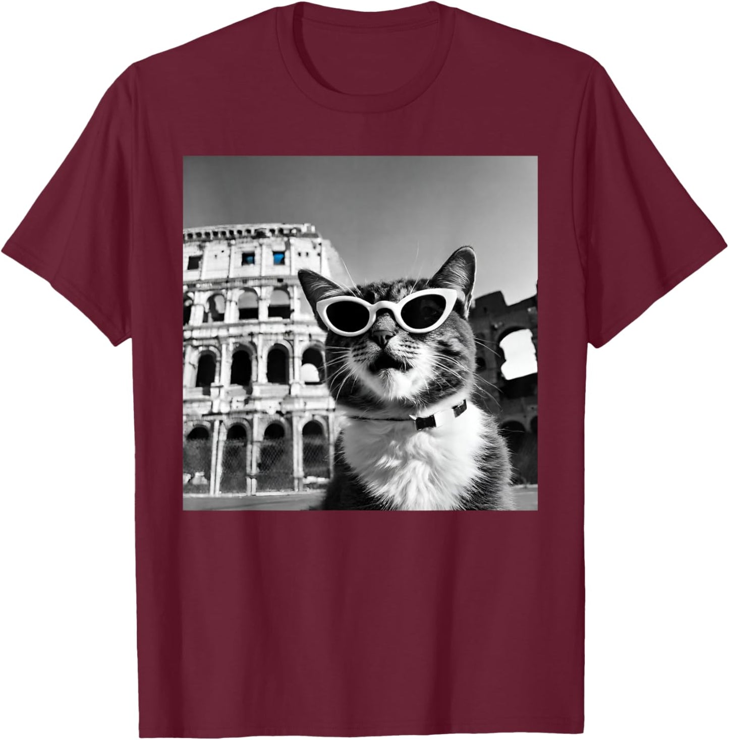 Funny Cat Wearing Sunglasses At The Roman Colosseum T-Shirt - T-Shirt | Maroon