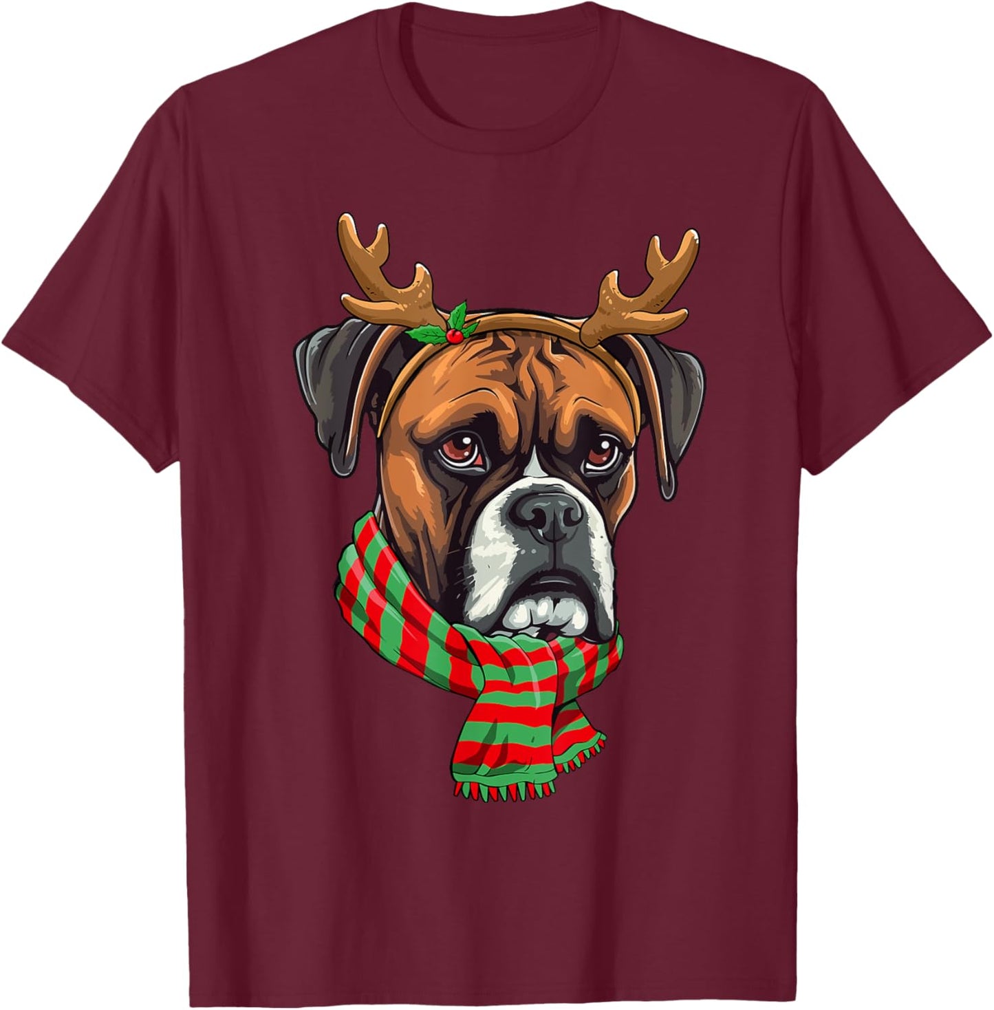 Boxer Dog Christmas Reindeer Santa Hat Funny Xmas T-Shirt - T-Shirt | Maroon