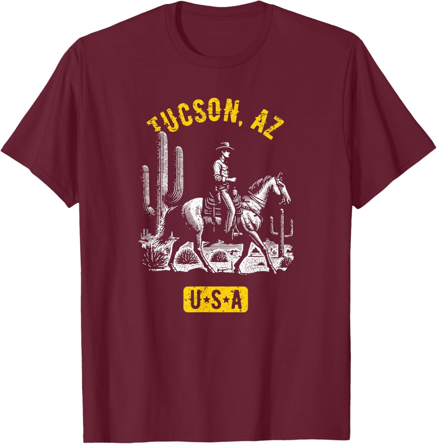 Tucson AZ USA Cowboy Horse Distressed Style Design T-Shirt - T-Shirt | Maroon