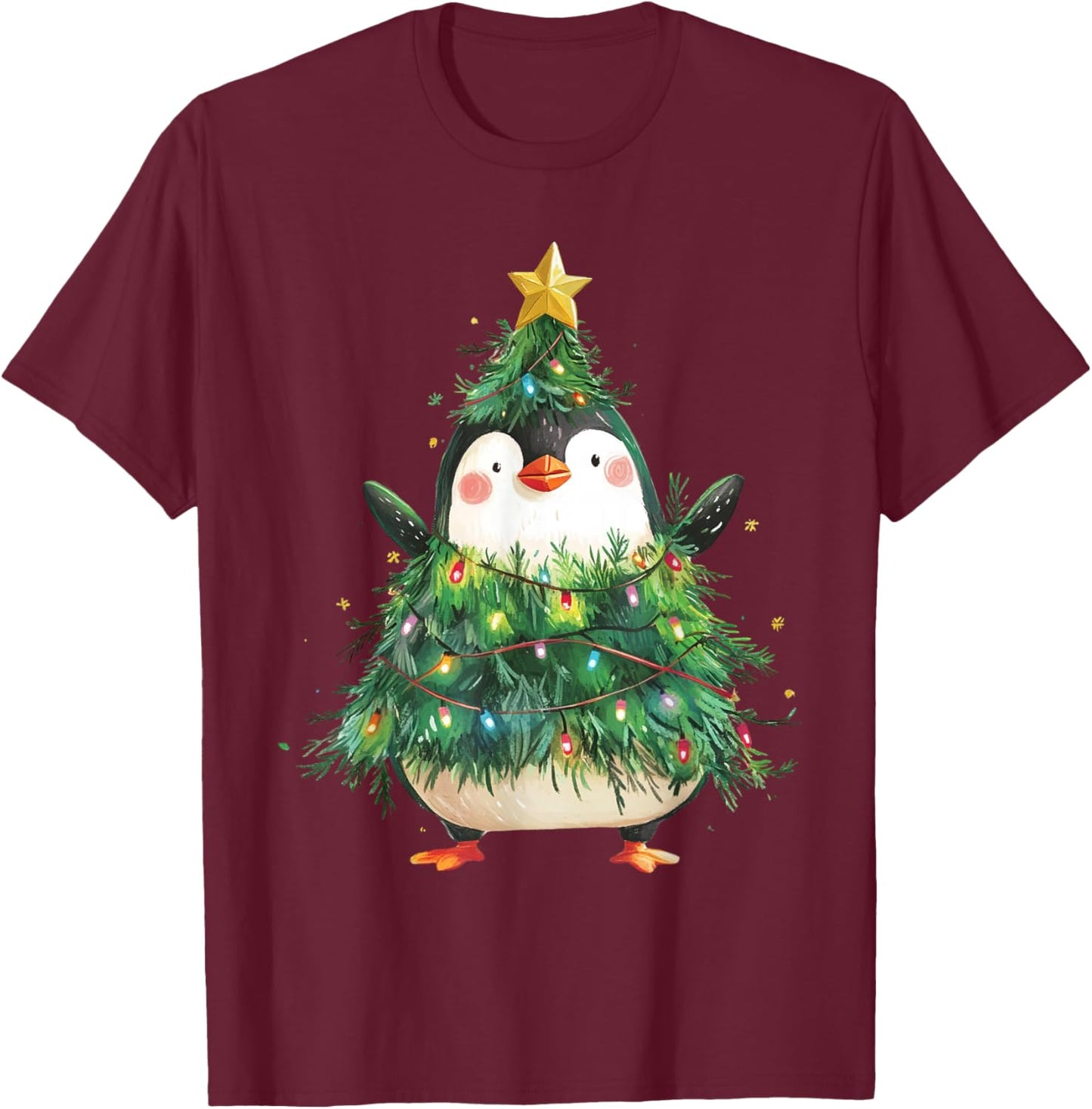 Penguin Christmas Tree Pajamas Girls Boys Xmas Lights T-Shirt - T-Shirt | Maroon