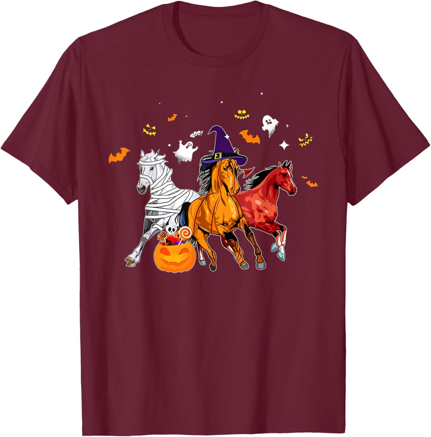 Cute Horse In Halloween Costume Horse Zombie Witch Pumpkin T-Shirt - T-Shirt | Maroon