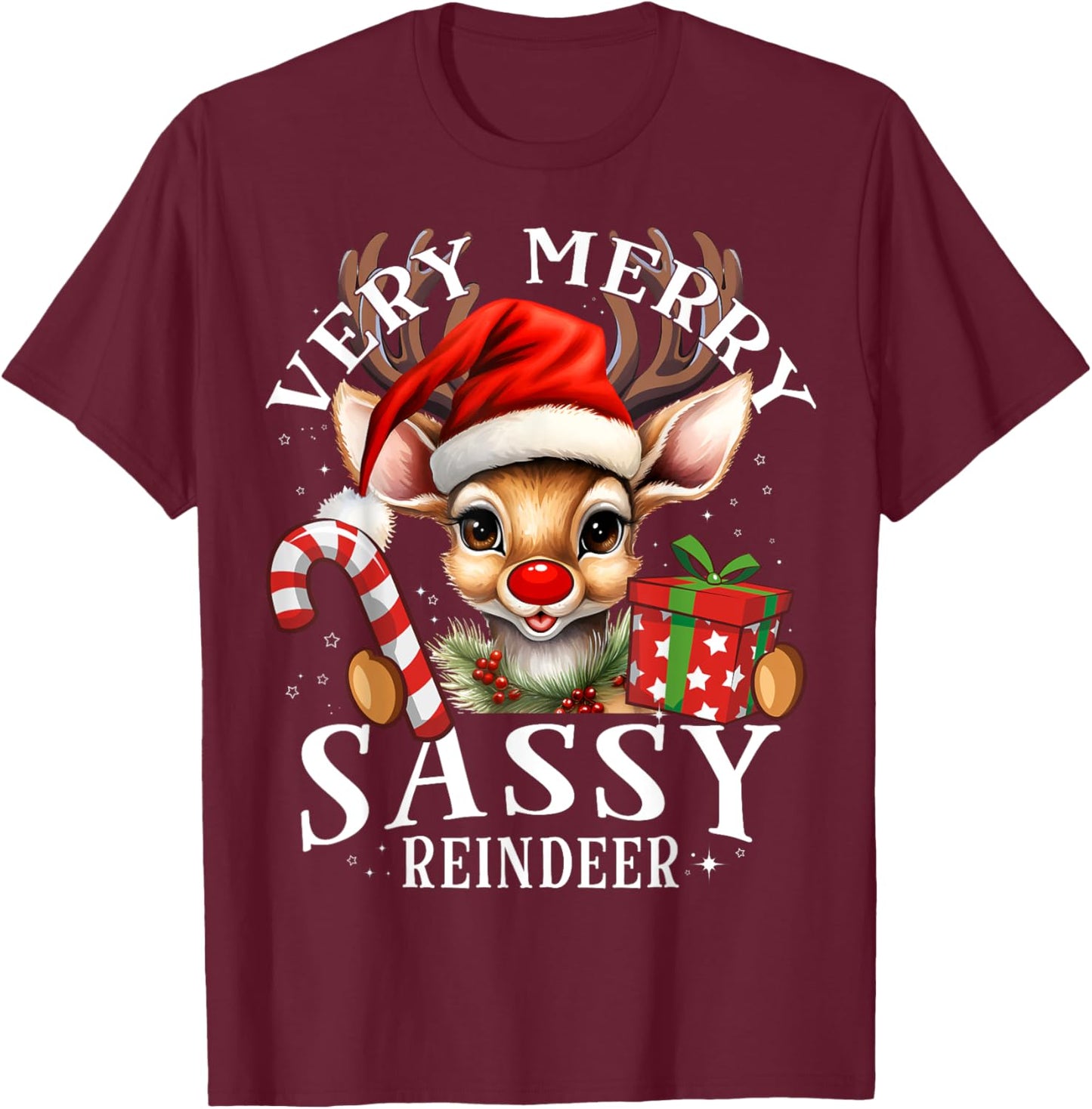 Very Merry Sassy Reindeer Matching Christmas T-Shirt - T-Shirt | Maroon