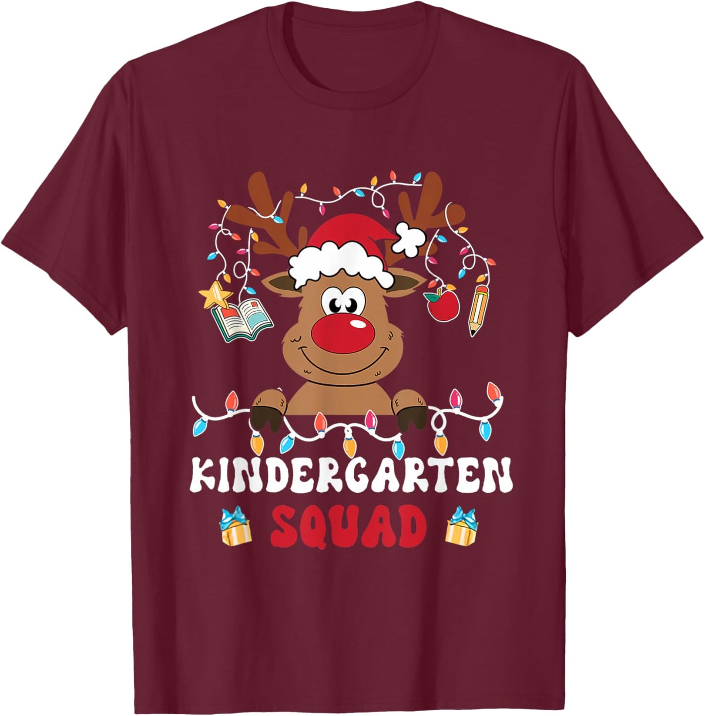 Kindergarten Squad Plaid Reindeer Santa Teacher Christmas T-Shirt - T-Shirt | Maroon