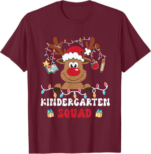 Kindergarten Squad Plaid Reindeer Santa Teacher Christmas T-Shirt - T-Shirt | Maroon