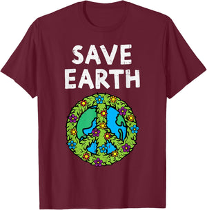 Save Earth Peace Symbol Sign Flowers Environmental Hippie T-Shirt - T-Shirt | Maroon