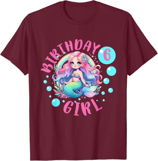 Cute Mermaid 6th Birthday Girl 6 Year Old Bday Mermaid T-Shirt - T-Shirt | Maroon