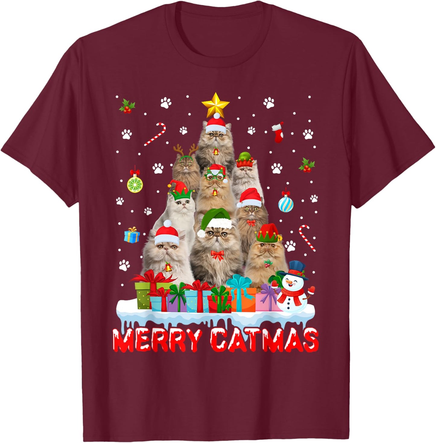 Funny Persian Cat Lovers Cute Holiday Christmas Tree T-Shirt - T-Shirt | Maroon