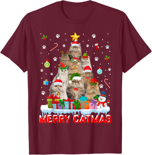 Funny Persian Cat Lovers Cute Holiday Christmas Tree T-Shirt - T-Shirt | Maroon