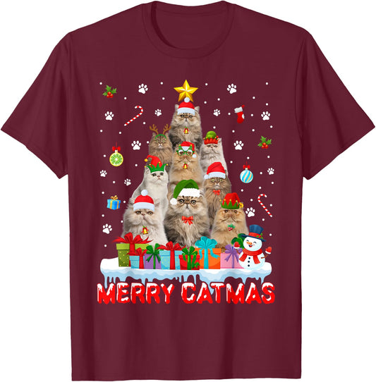 Funny Persian Cat Lovers Cute Holiday Christmas Tree T-Shirt - T-Shirt | Maroon