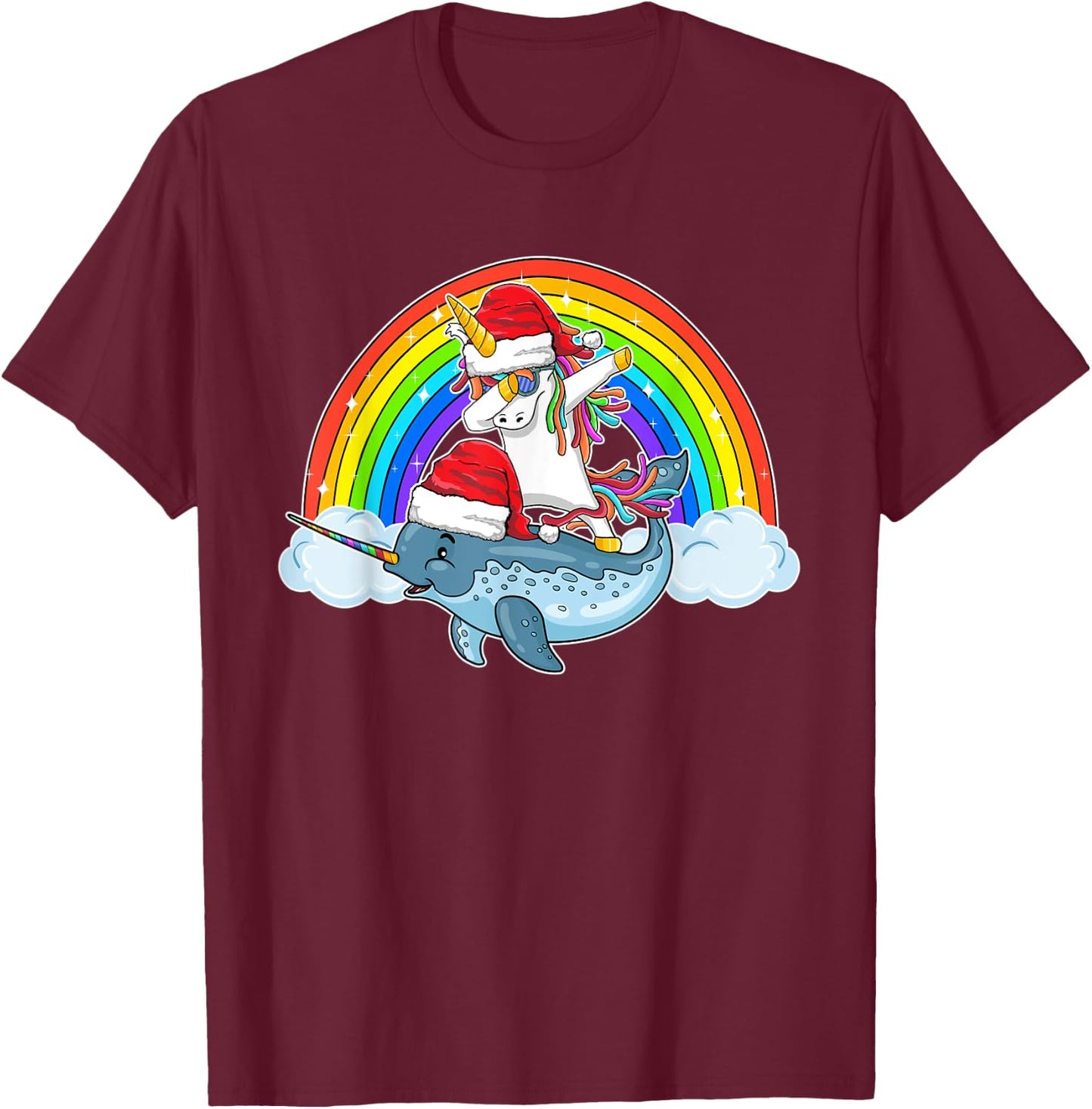 Dabbing Unicorn Riding Narwhal With Santa Hat Christmas T-Shirt - T-Shirt | Maroon