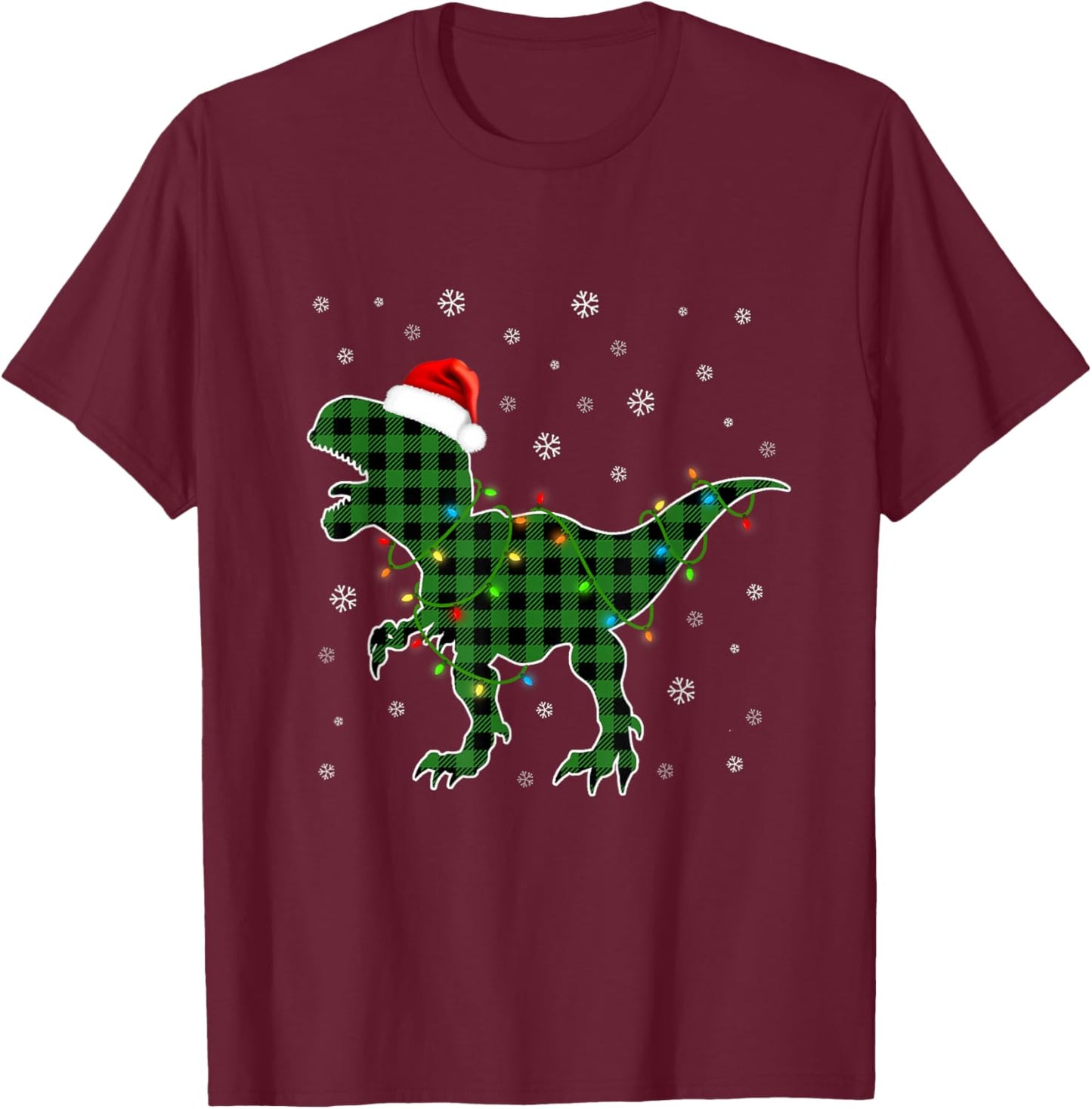 T Rex Green Plaid Buffalo Dinosaur Christmas Pajamas Family T-Shirt - T-Shirt | Maroon