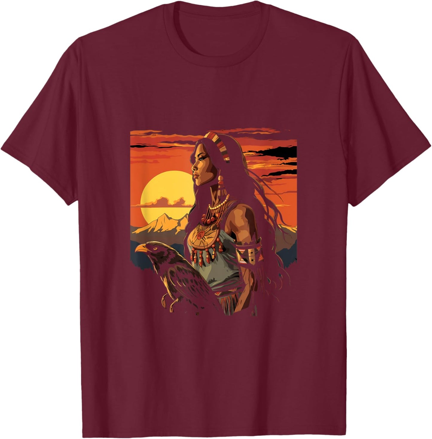 Native American Indian Woman Eagle Sunset Indigenous Women T-Shirt - T-Shirt | Maroon