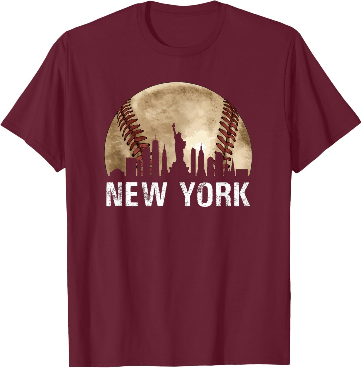 New York City Skyline Vintage Baseball Lover T-Shirt - T-Shirt | Maroon