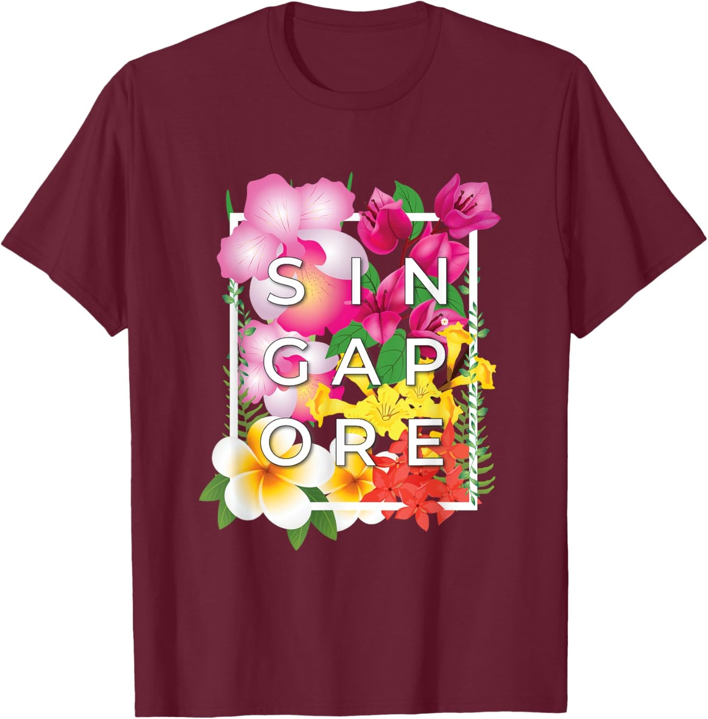 Flowers of Singapore Word Art - Singaporean Pride T-Shirt - T-Shirt | Maroon