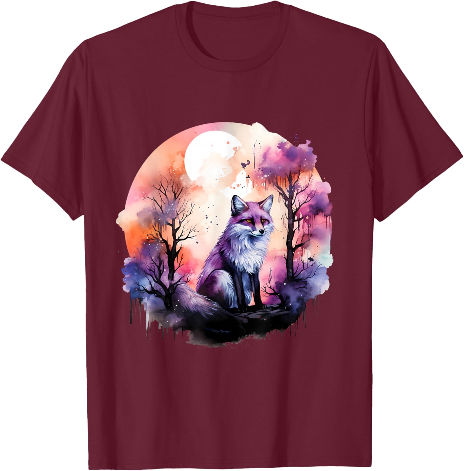 Fox Colorful Forest Nature Animal Lovers Wildlife Artwork T-Shirt - T-Shirt | Maroon