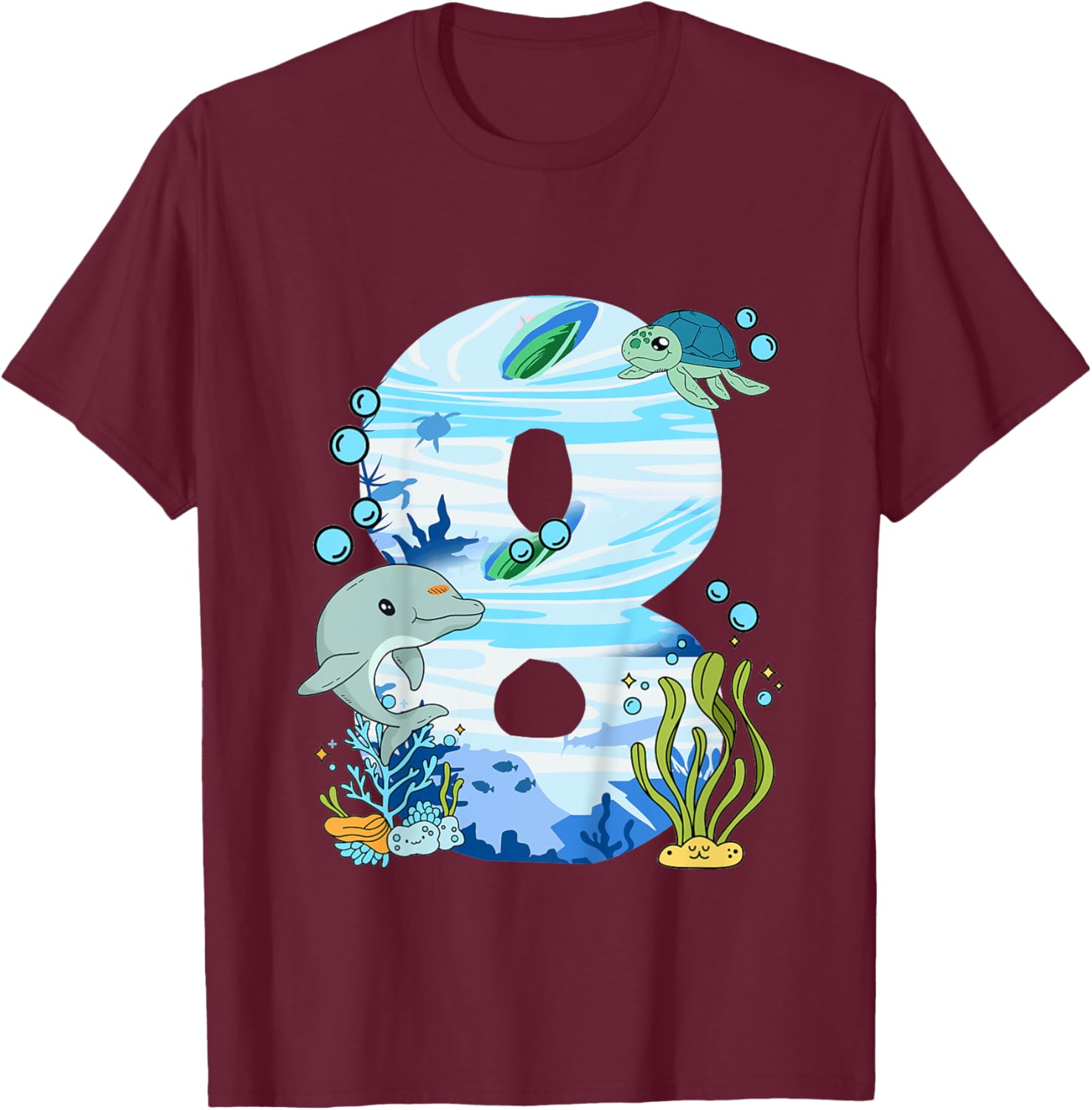 Underwater 8 Years Old - Dolphin And Turtle 8th Birthday T-Shirt - T-Shirt | Maroon