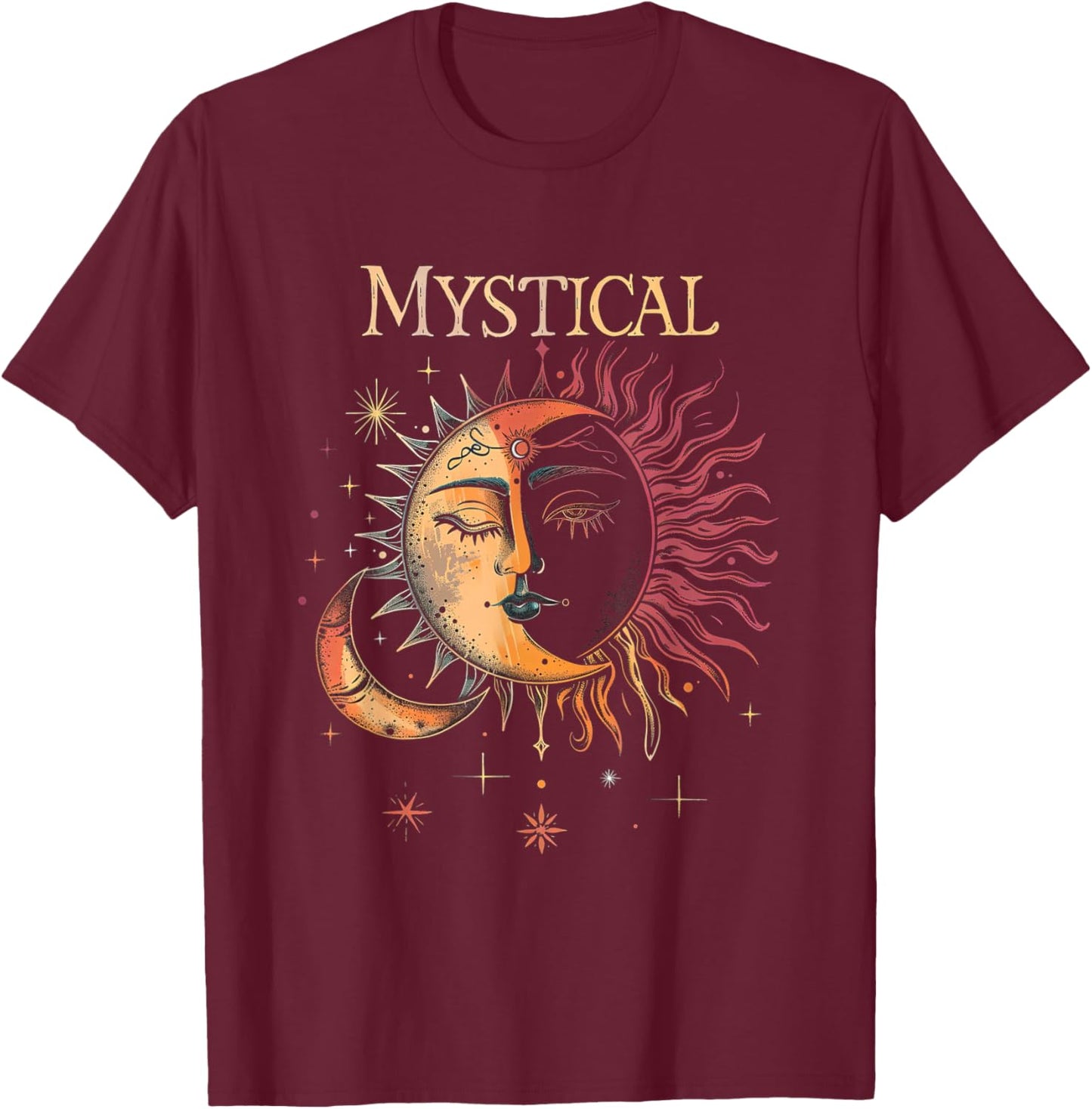Mystical Sun and Moon Woman Mystic Flowers Aesthetic T-Shirt - T-Shirt | Maroon