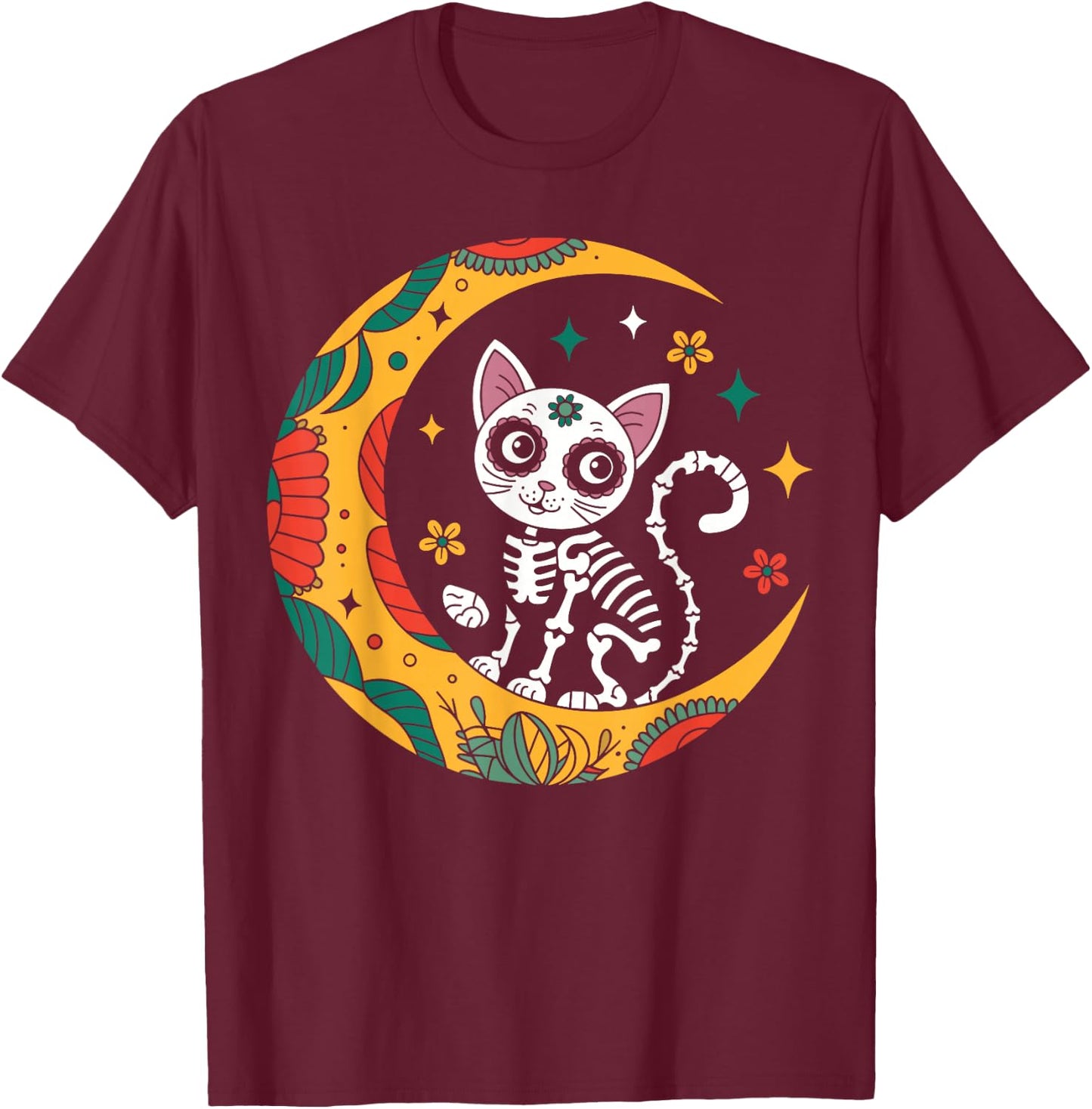 Cat And Moon Skull Dia De Los Muertos Day Of The Dead T-Shirt - T-Shirt | Maroon