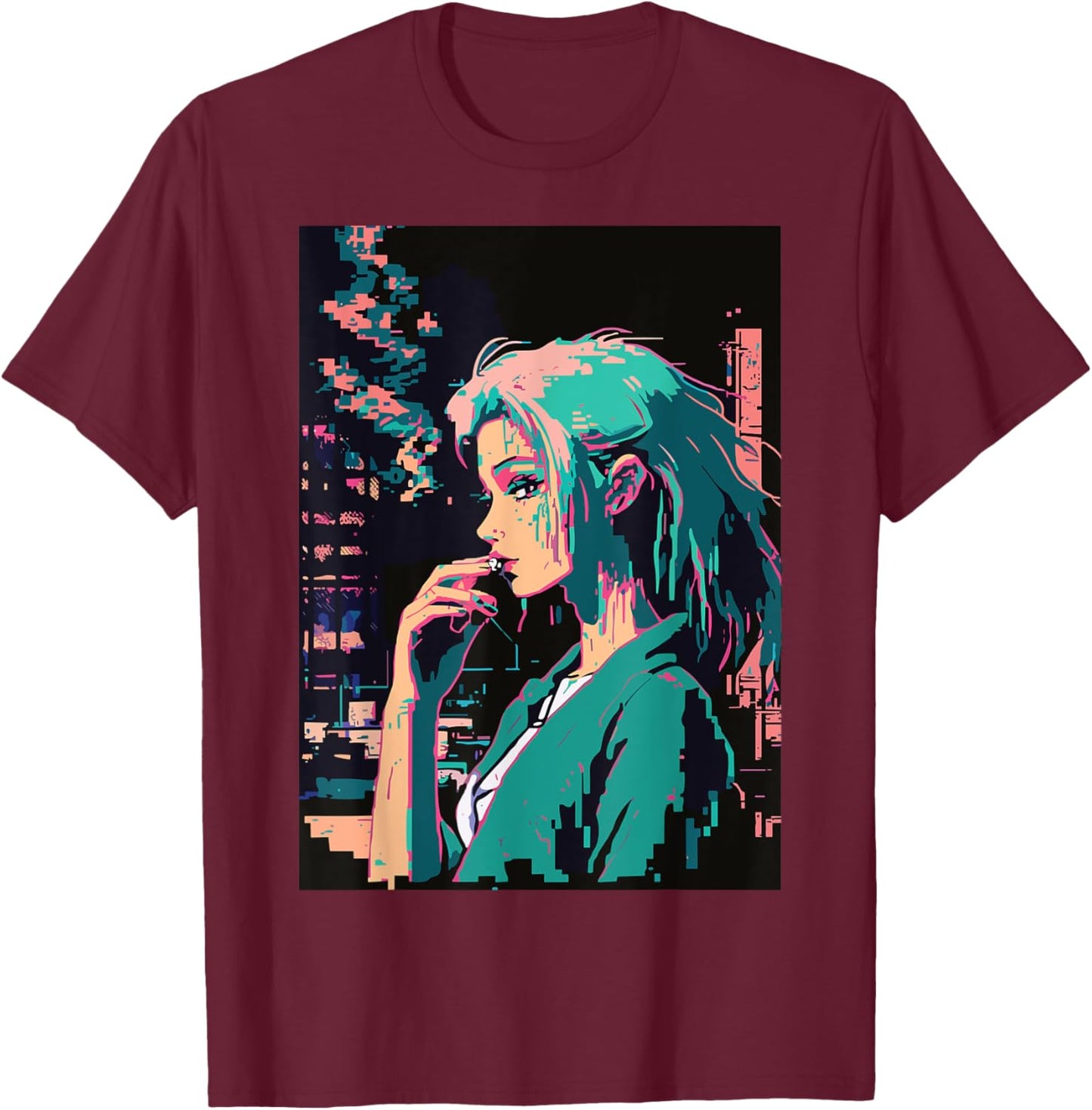 Japanese Vaporwave Sad Anime Girl Indie Aesthetic Otaku T-Shirt - T-Shirt | Maroon