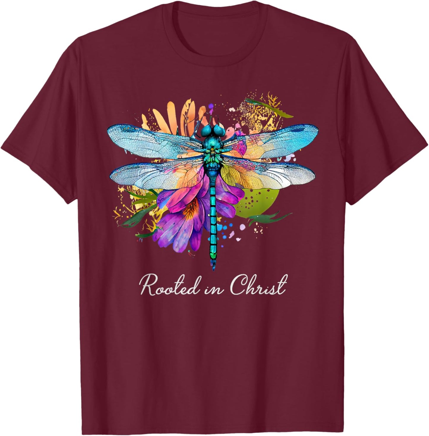 Rooted in Christ Floral Dragonfly Christian Summer Women Girls Kids T-Shirt - T-Shirt | Maroon