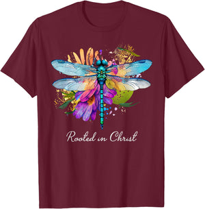 Rooted in Christ Floral Dragonfly Christian Summer Women Girls Kids T-Shirt - T-Shirt | Maroon