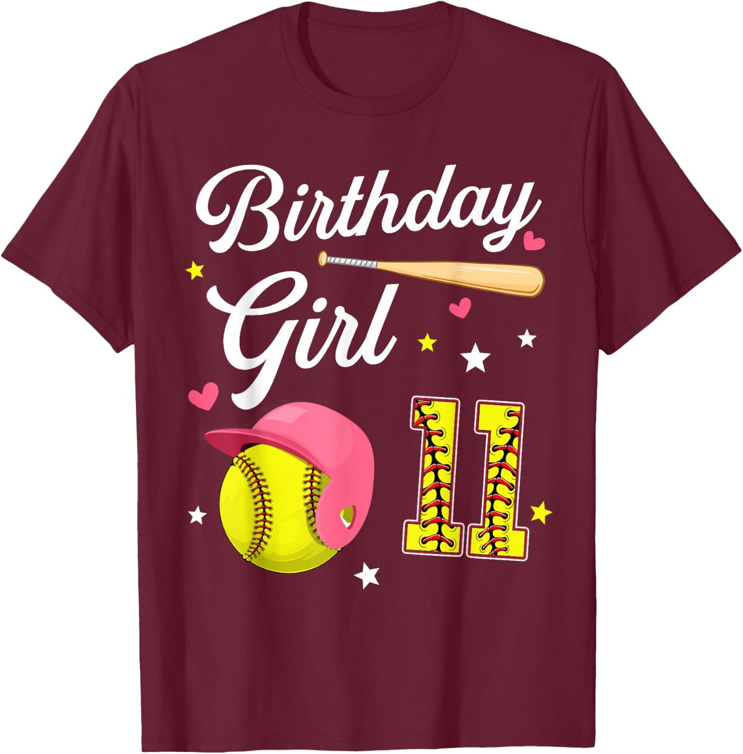 11th Birthday Girl Softball Eleventh Bday 11 Eleven Year Old T-Shirt - T-Shirt | Maroon