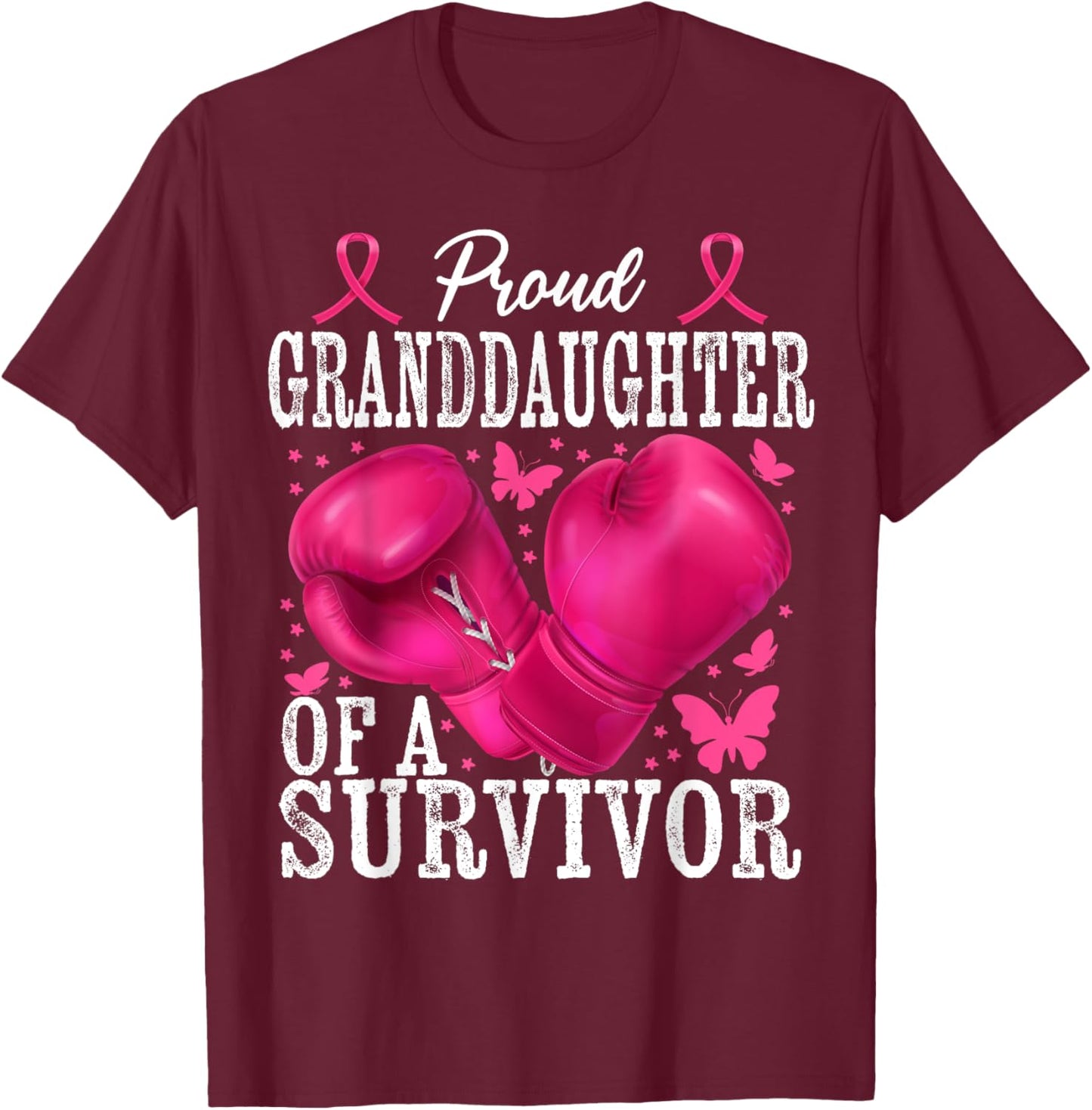 Proud Granddaughter Survivor Breast Cancer Boxing Glove Pink T-Shirt - T-Shirt | Maroon