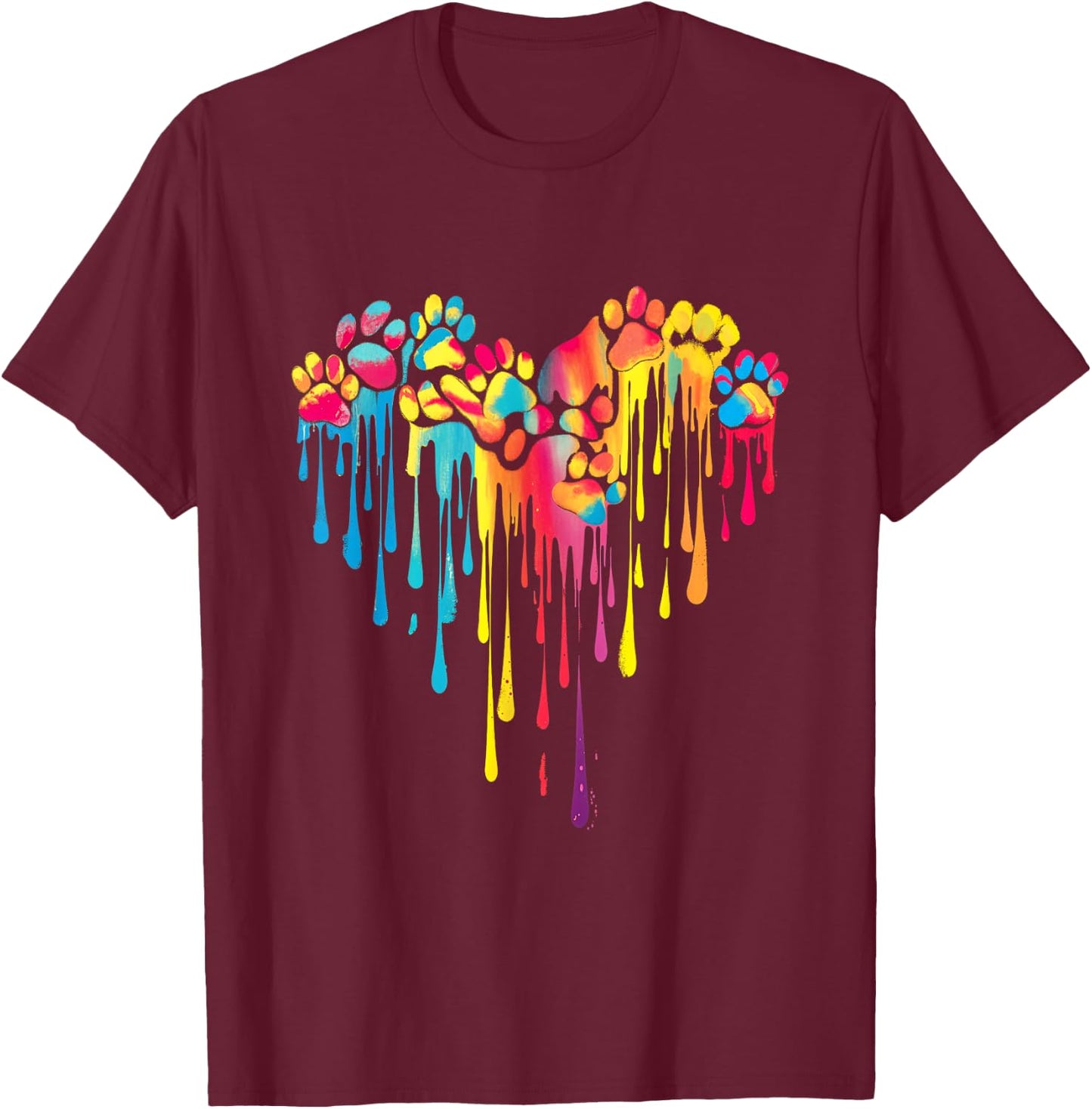 Colorful Paw Print Heart Pet Animal Love T-Shirt - T-Shirt | Maroon