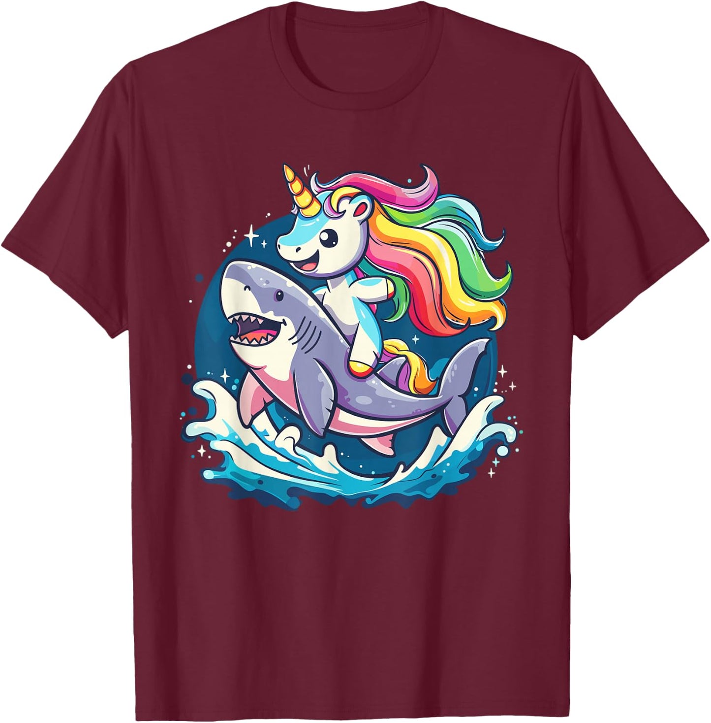 Cute Unicorn Riding Shark for Girls and Boys T-Shirt - T-Shirt | Maroon