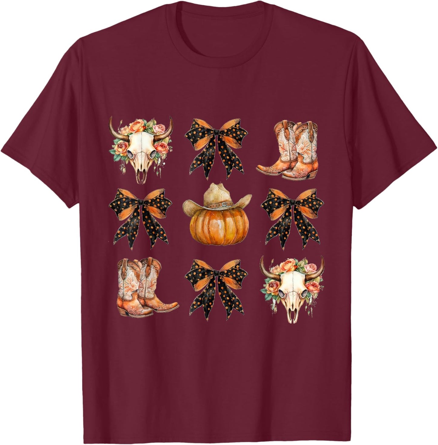 Coquette Bow Halloween, Skull Western Autumn, Howdy Pumpkin T-Shirt - T-Shirt | Maroon