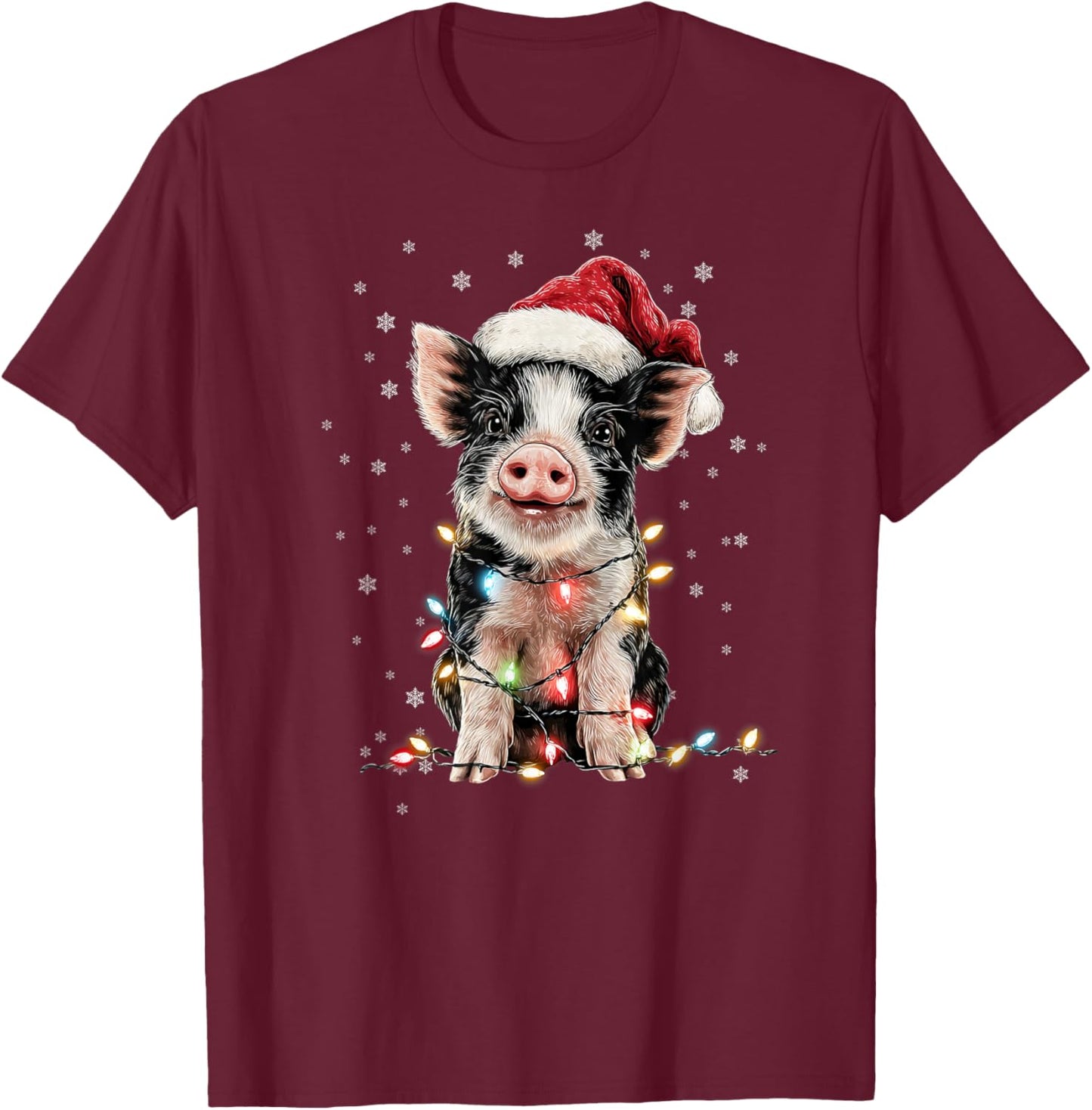Christmas Lights Santa Hat Xmas Pajamas Pig Lover T-Shirt - T-Shirt | Maroon