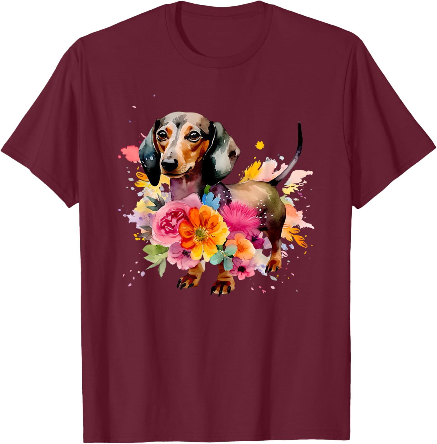 Dachshund Watercolor art Dog Dog breed woman kids floral T-Shirt - T-Shirt | Maroon