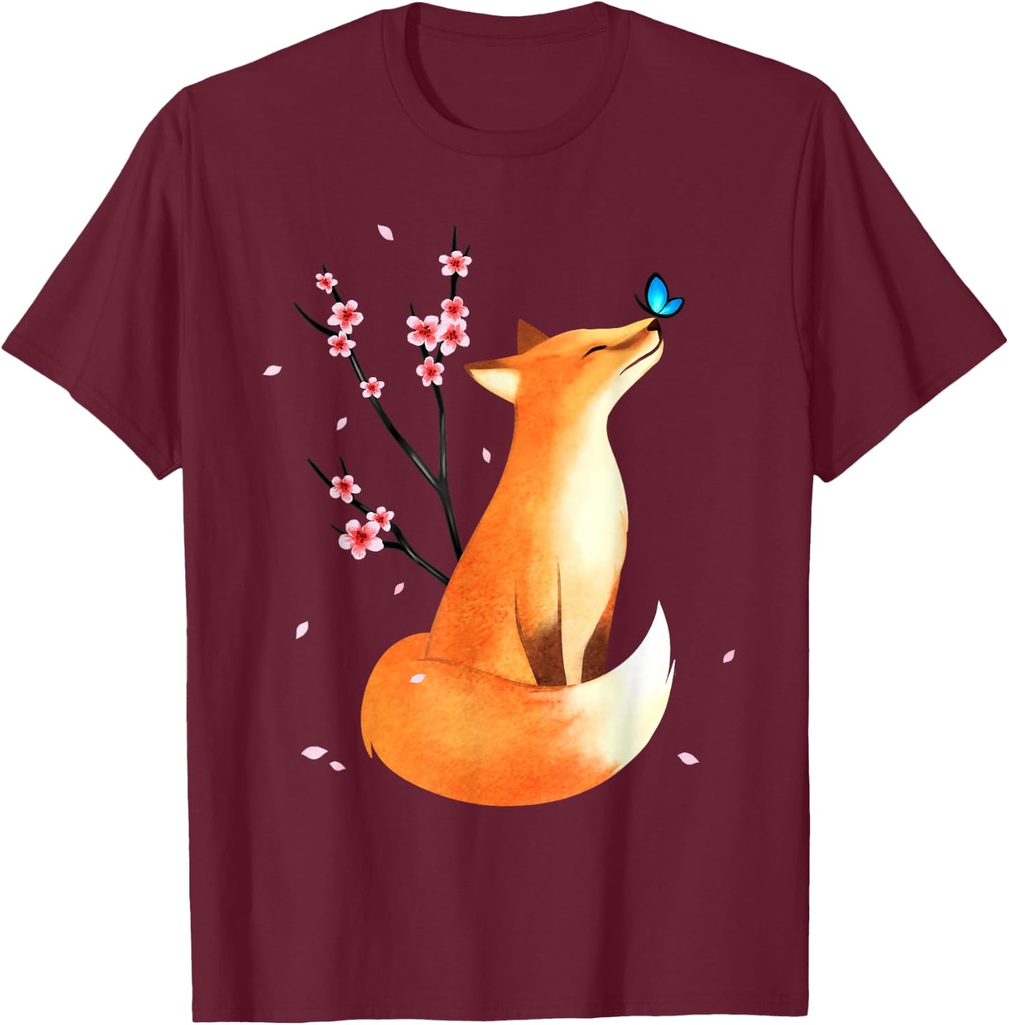 Fox Japanese Cherry Blossom Flower Vintage Gift T-Shirt - T-Shirt | Maroon