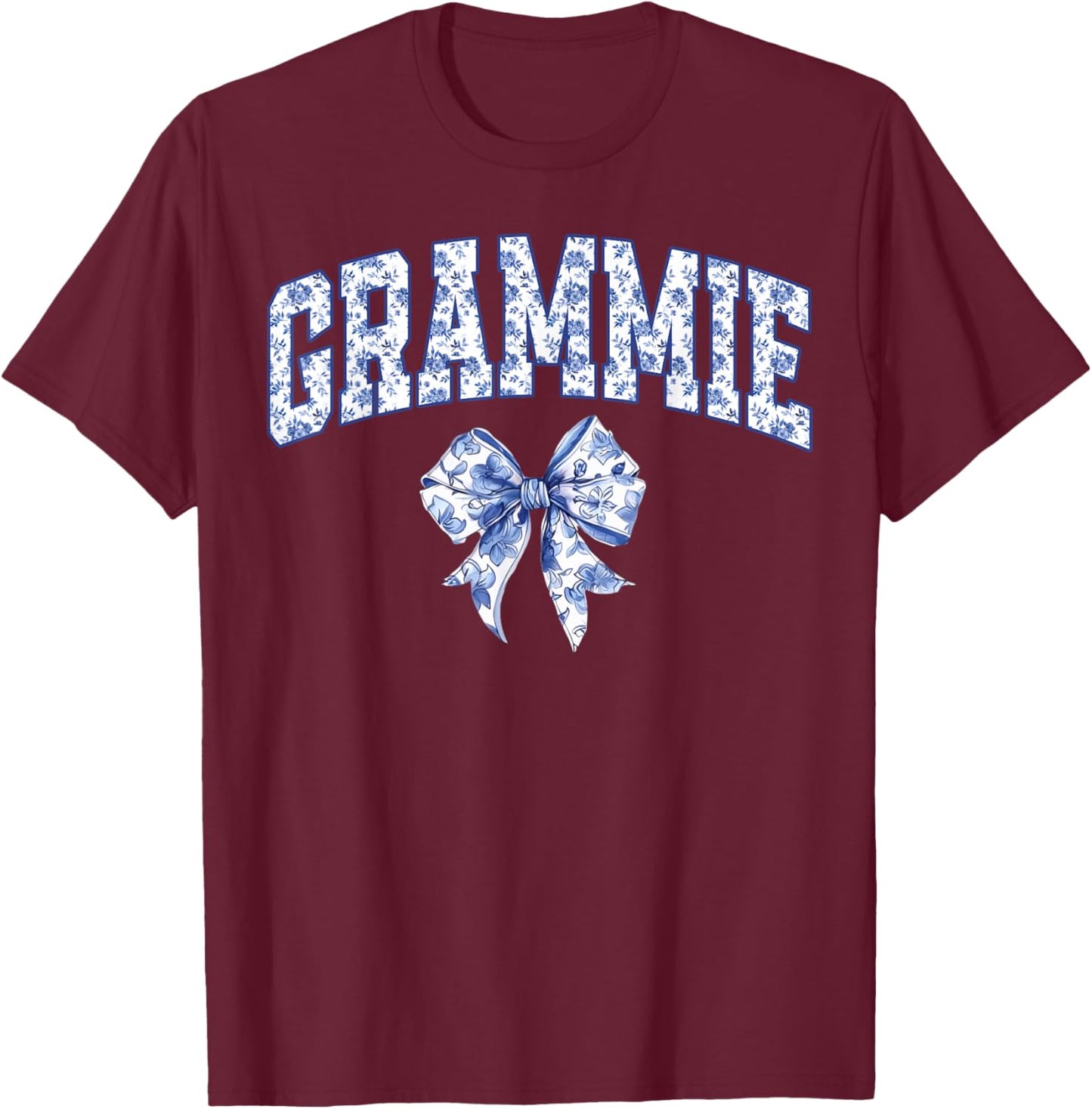 Grammie Coquette Toile Blue Bow Floral Family Matching T-Shirt - T-Shirt | Maroon