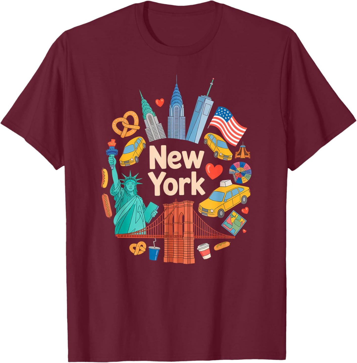 New York City Icons Cartoon Style Urban Collage Art T-Shirt - T-Shirt | Maroon