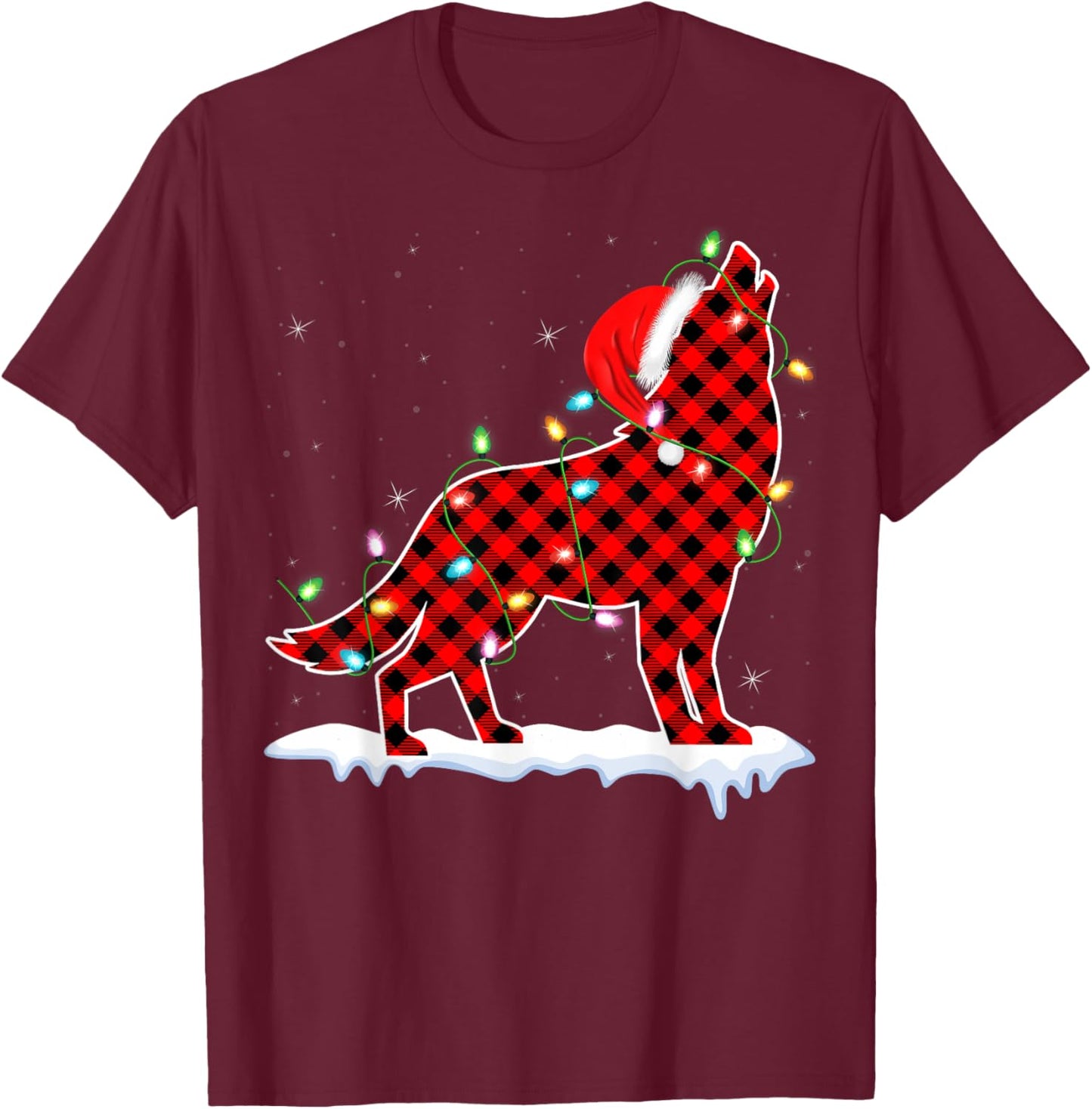 Santa Wolf Xmas Lighting Buffalo Plaid Wolf Christmas Pajama T-Shirt - T-Shirt | Maroon