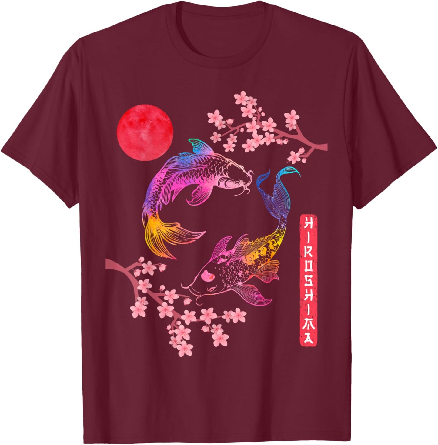 Koi Fish Carp Cherry Blossom Japanese Sun Rainbow Hiroshima T-Shirt - T-Shirt | Maroon