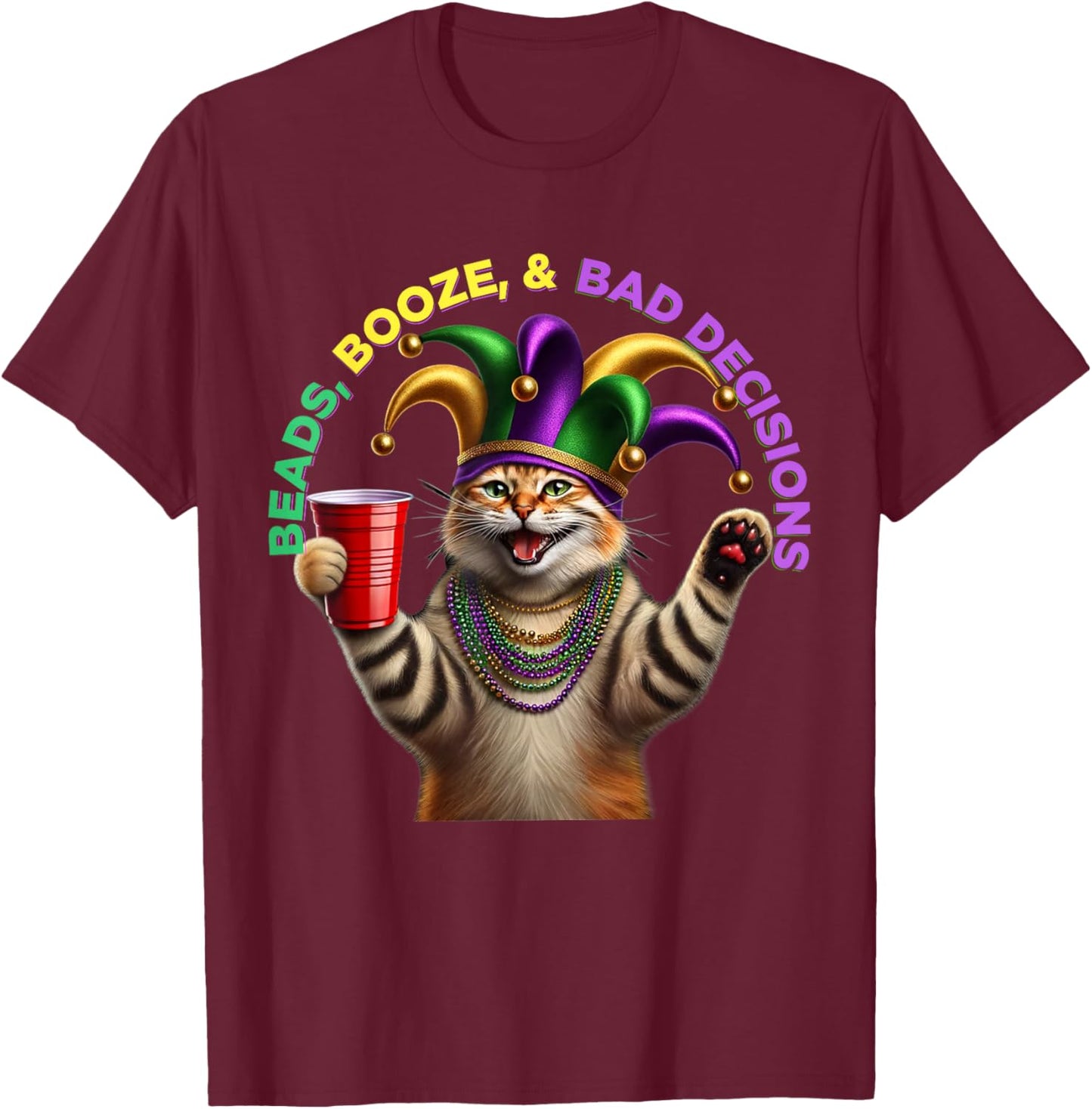 Matching Womans Funny Meowdi Gras Cat Mardi Gras T-Shirt - T-Shirt | Maroon