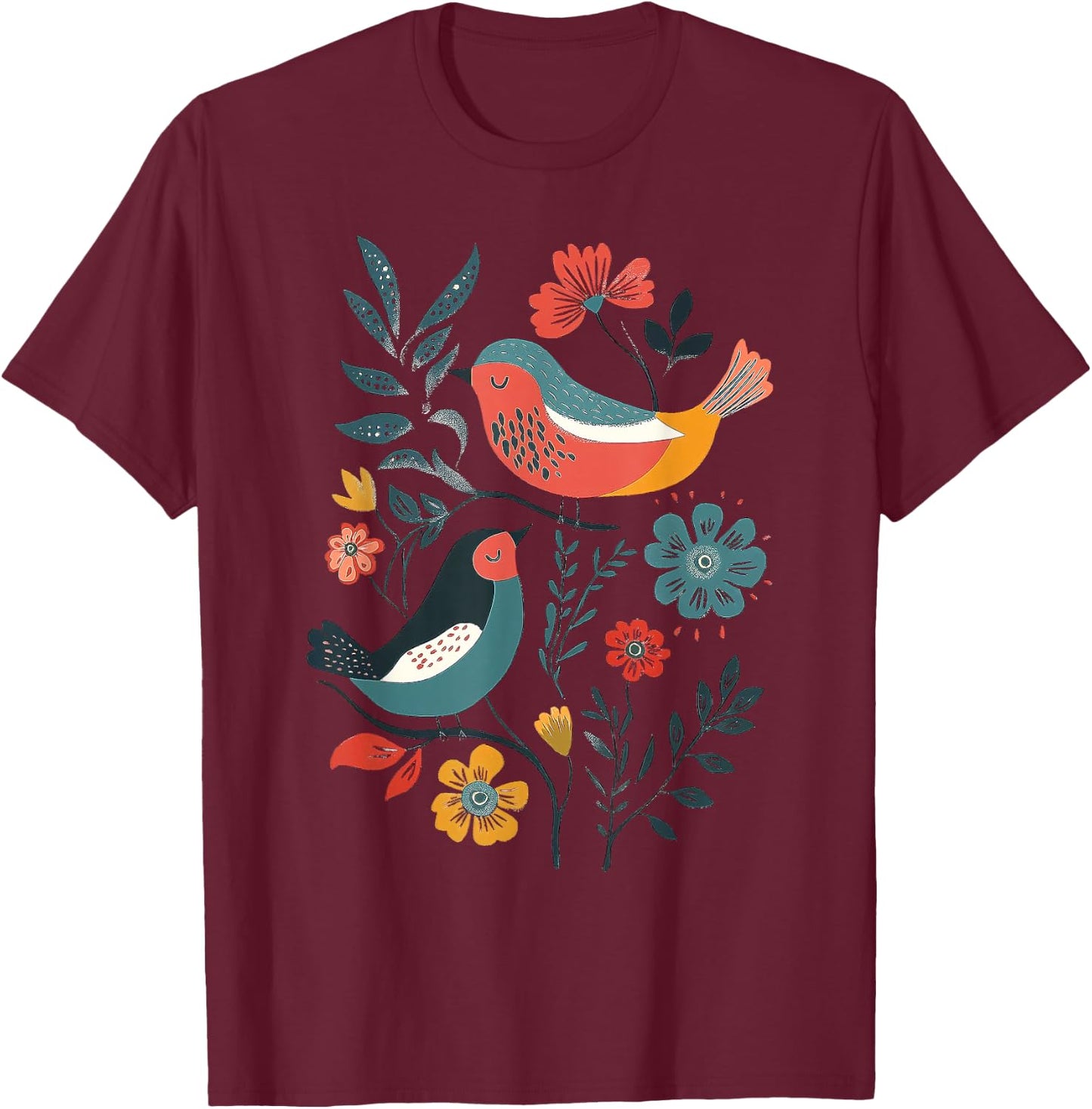 Folk Art Birds T-Shirt - T-Shirt | Maroon