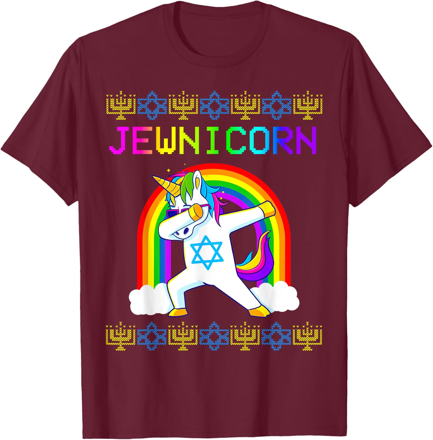 Jewnicorn Ugly Hanukkah Sweater Dabbing Unicorn Chanukah T-Shirt - T-Shirt | Maroon
