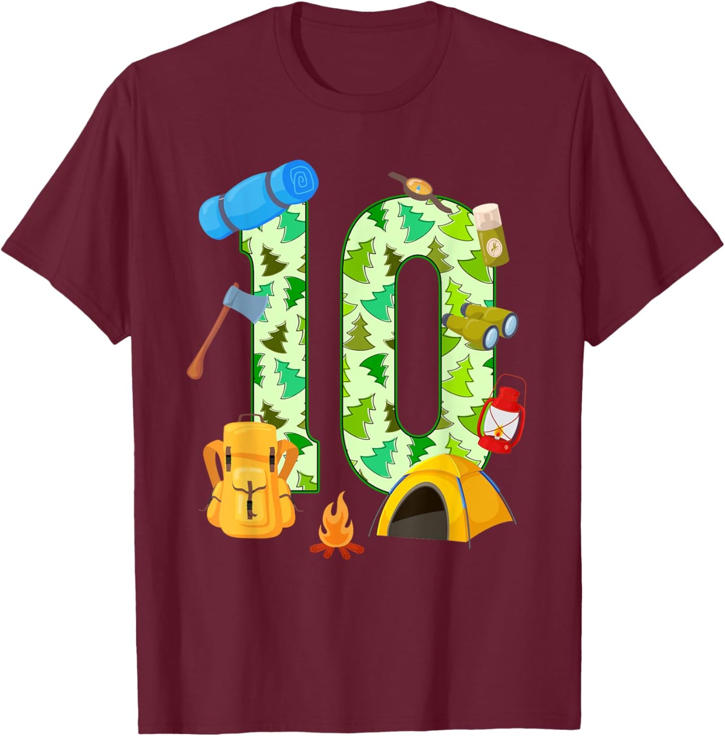 10th Birthday Camping Theme 10 Year Old Birthday Kids T-Shirt - T-Shirt | Maroon