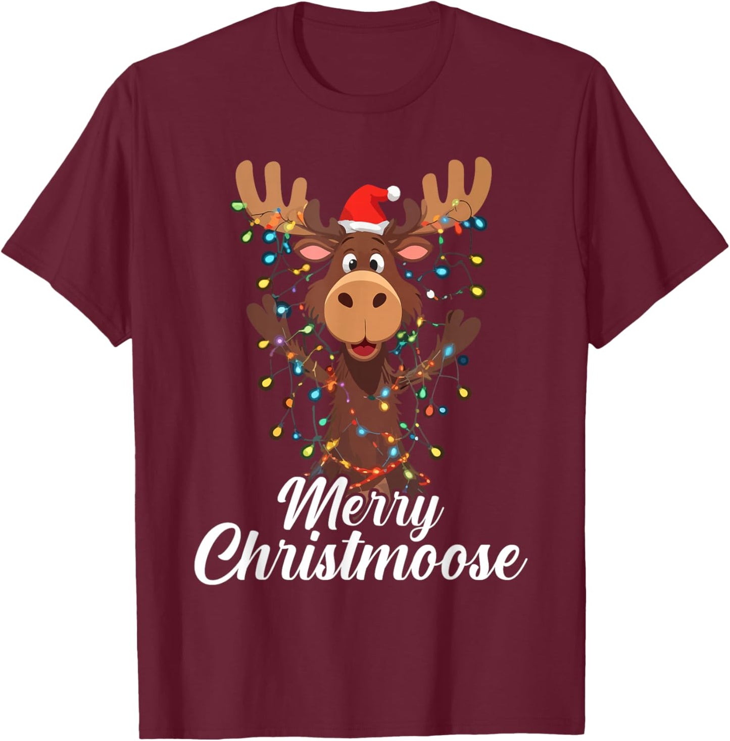 Merry Christmoose Christmas Moose Xmas Tree Lights T-Shirt - T-Shirt | Maroon