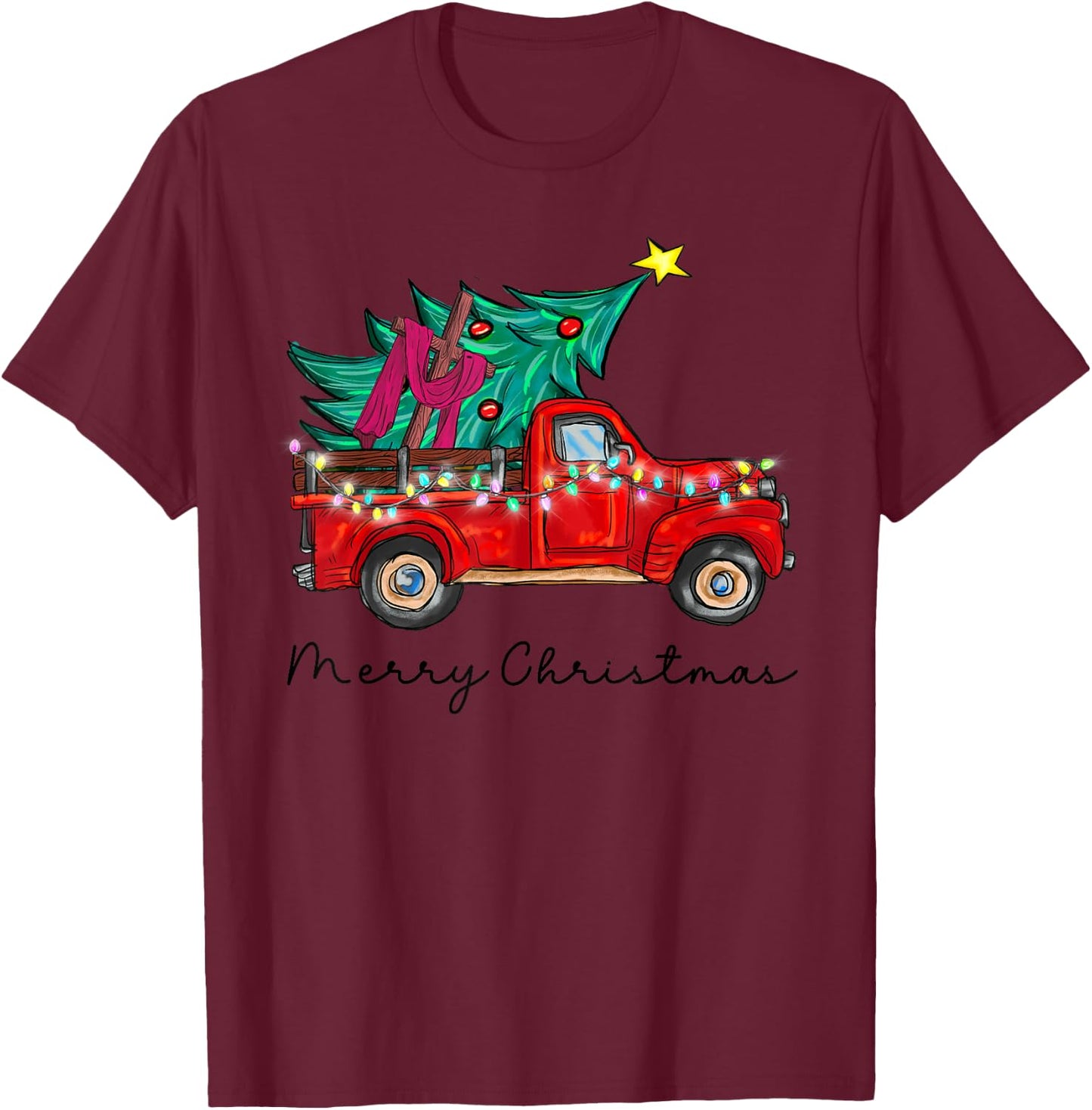 Vintage Wagon Red Truck Christmas Tree Pajama Xmas T-Shirt - T-Shirt | Maroon