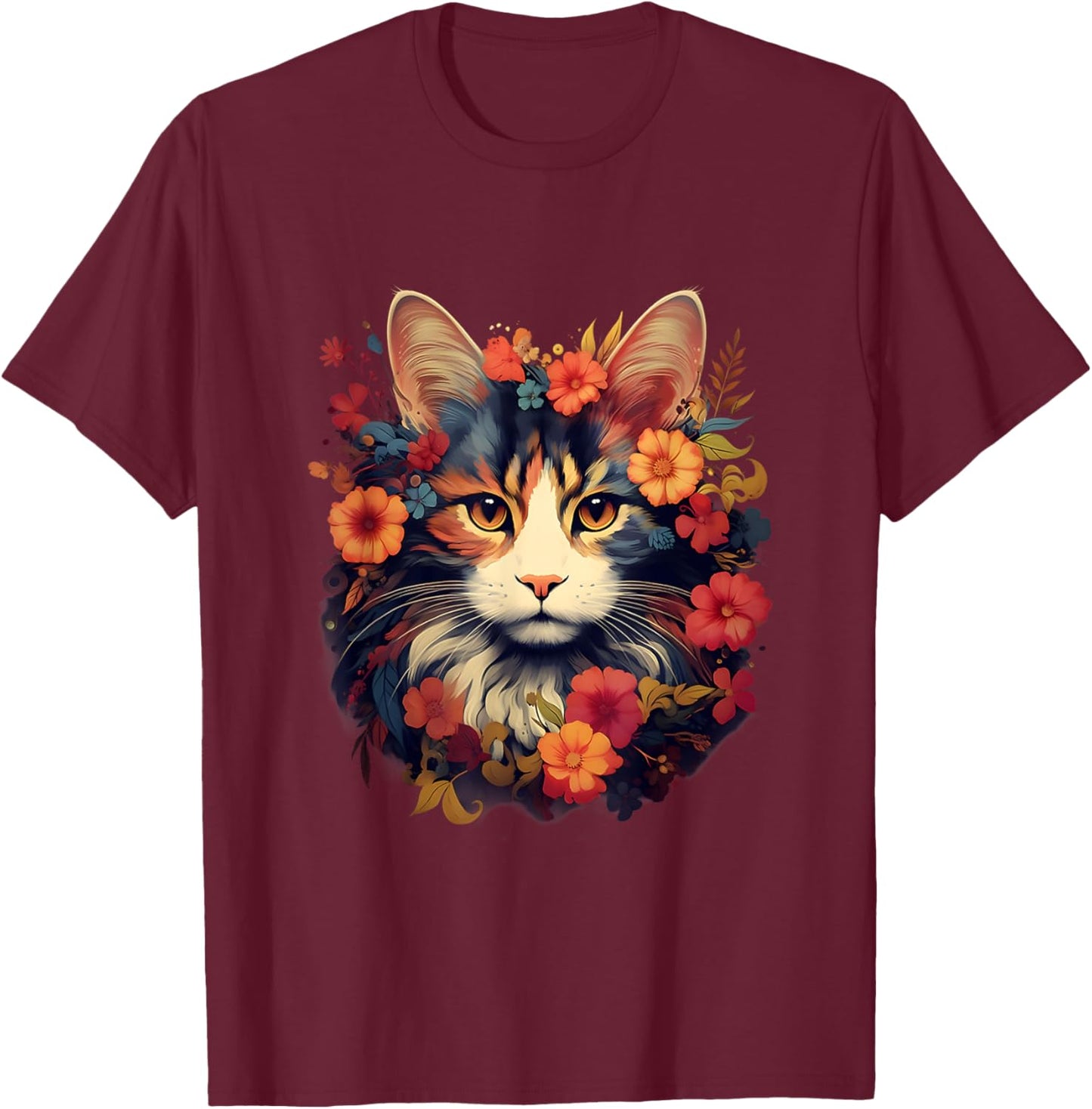 Floral Cat Shirt for Cat Mom, Women and Girls Who Love Cats T-Shirt - T-Shirt | Maroon